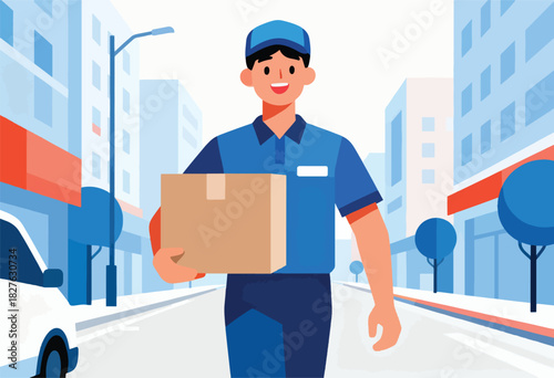 A cheerful delivery person, in blue uniform, carries a box down a city street, buildings in the background