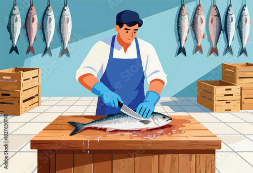 A fishmonger in an apron and gloves fillets a fish on a wooden table, with fish hanging and boxes nearby