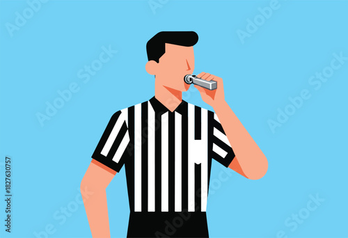 A vector illustration of a referee in a striped uniform, blowing a whistle against a blue background