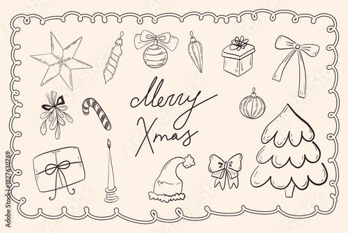 Hand drawn sketch Christmas elements set. Retro vintage new year party. Whimsical decor with Christmas essentials for menus and invitations. Contour coquette vector illustration.