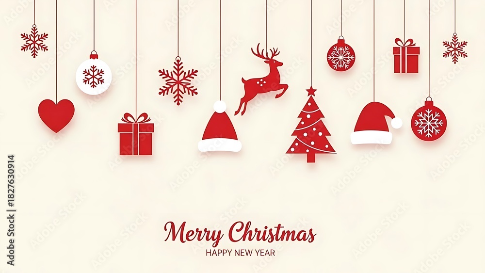 Fototapeta premium Christmas decorations hanging from strings with festive ornaments, gifts, and holiday symbols on white background