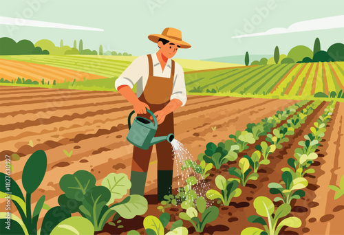 A farmer waters rows of plants in a vibrant field with rolling hills and a clear sky