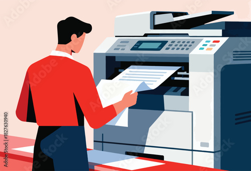 An office worker in a red shirt takes a print from a photocopier machine in a modern style