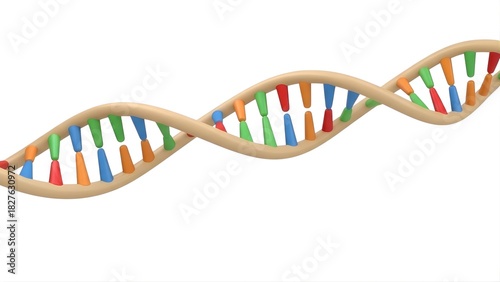 A 3d rendering of a colorful dna double helix structure, representing genetics and molecular biology, isolated on white background