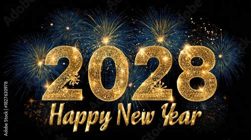 Happy New Year 2028 with Golden Glitter Numbers and Fireworks.