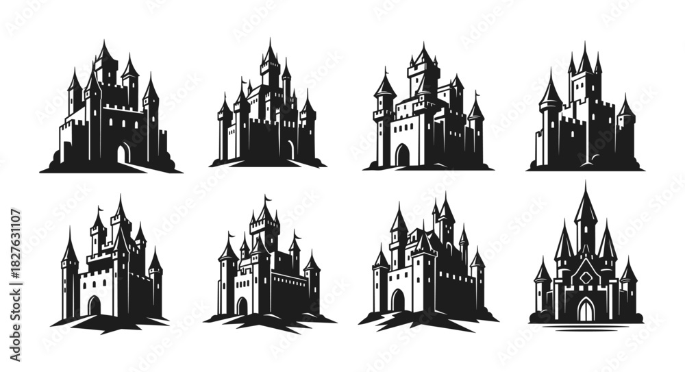 Obraz premium Collection of eight detailed black and white castle illustration
