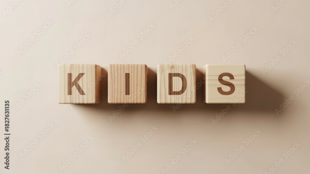 Obraz premium Four light brown wooden blocks with engraved letters K, I, D, S arranged to spell 'KIDS' on a smooth beige surface. Soft lighting creates subtle shadows, emphasizing childhood, learning and education.
