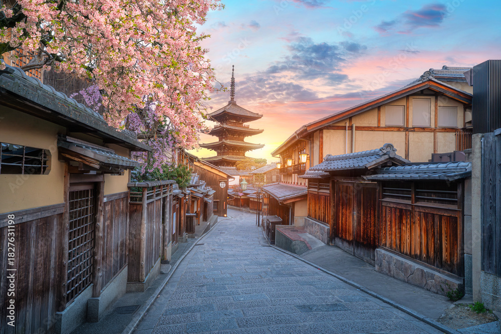Naklejka premium Yasaka Pagoda in Kyoto, Japan, in spring, cherry blossoms in full bloom