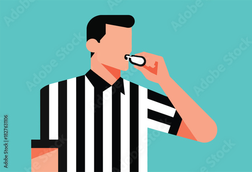 Geometric illustration of a referee in a striped shirt, blowing a whistle, set against a teal background