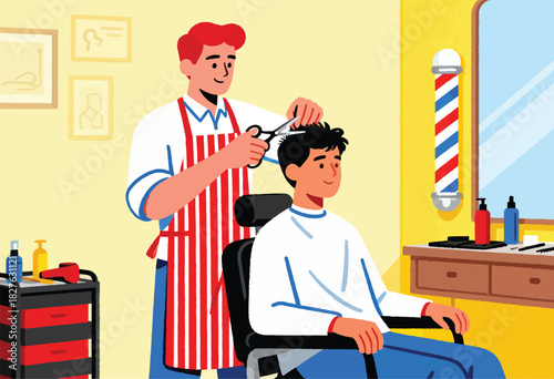 A barber cuts a customer’s hair in a brightly lit shop with a barber pole and framed art