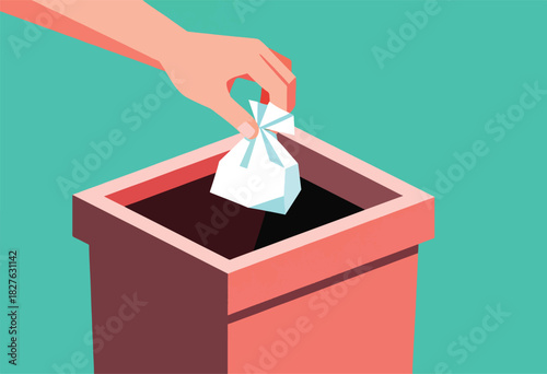 Hand dropping a white bag into a pink, geometric trash can against a teal background