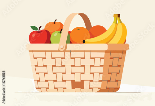 A wicker basket overflowing with vibrant fruits, including apples, oranges, and bananas, against a plain background