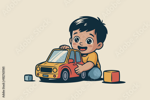 A delighted child, hugging a red and yellow toy car, sits with two blocks on a pale background