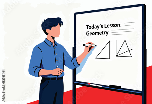A figure in a blue shirt is teaching geometry on a whiteboard. Shapes are drawn, with the lesson