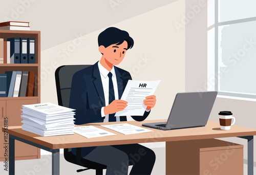An HR professional sits at his desk, reviewing documents, with laptop, coffee, and file cabinet present