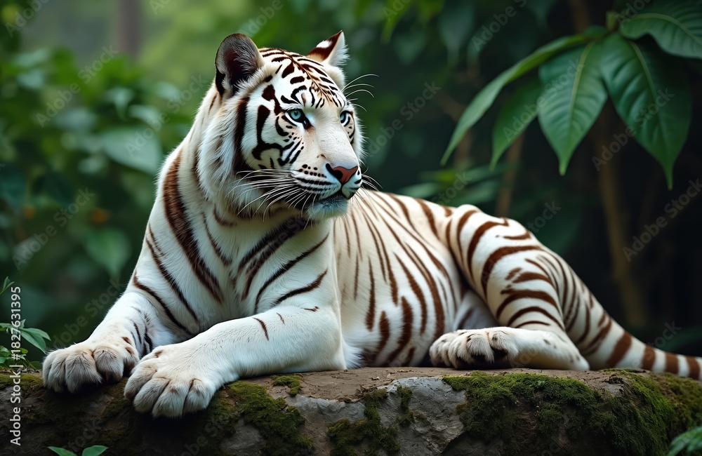 Obraz premium White tiger calmly lies on mossy rock. Striking blue eyes gaze to side. Big cat beautiful black stripes on white fur. Wild animal rests among green jungle plants, observing natural habitat. Rare