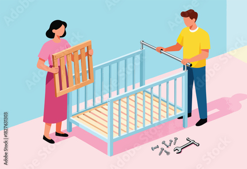 A couple assembles a baby crib; woman holds side, man attaches rail, tools and hardware nearby