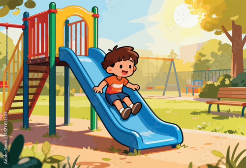A cheerful cartoon child slides down a blue playground slide. Sunlight bathes the park, with swings and benches