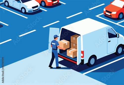 A delivery person unloads packages from a van in a parking lot, cars parked in the background