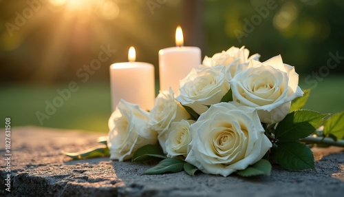 White roses, candles displayed. Flowers represent sympathy, mourning. Candles provide light in memory. Memorial symbolises tribute, honor, remembrance for deceased person. Floral arrangement sign of