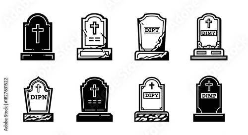 Collection of eight gravestone icons with crosses and inscriptio