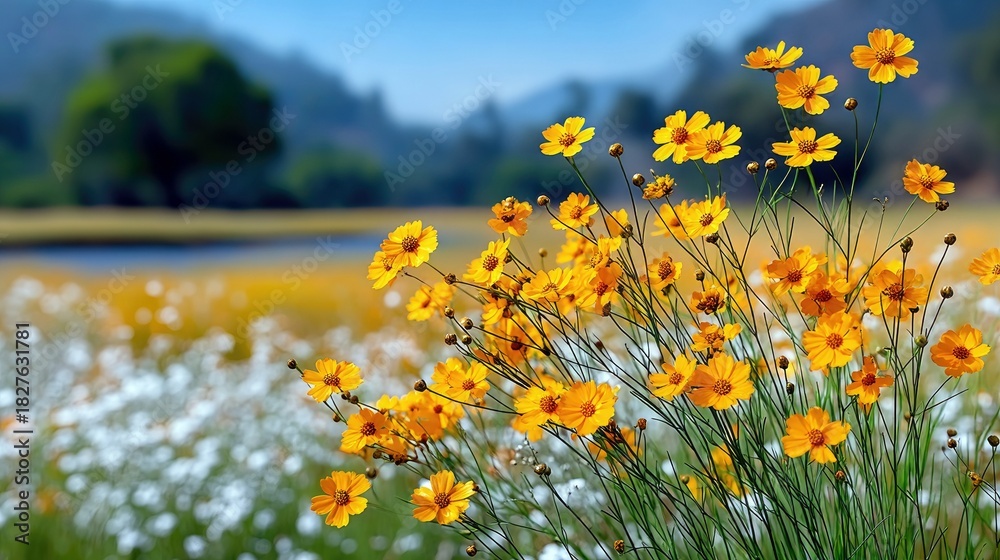 Fototapeta premium Close-up of vibrant yellow wildflowers in a field, with a blurred background of white flowers, trees, and a blue sky. The scene is bathed in sunlight.