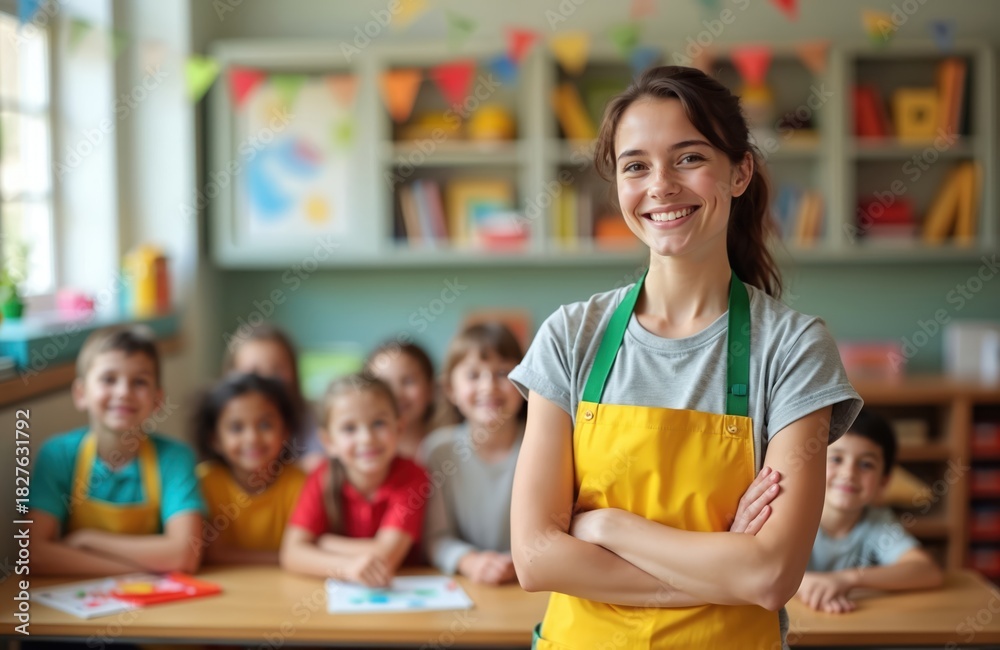 Fototapeta premium Smiling teacher stands with crossed arms in classroom. Children sit at desks. Teacher wears yellow apron. Students enjoy school, draw pictures, learn new things with educator. Back to school time.