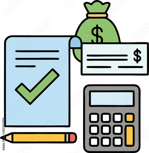 Tax Preparation Icon with Checklist, Calculator, and Money Bag – Flat Finance