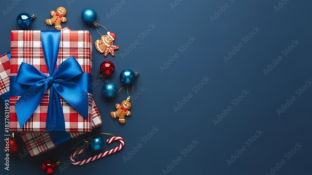 Obraz premium Festive christmas gift with blue bow and holiday decorations on dark blue background