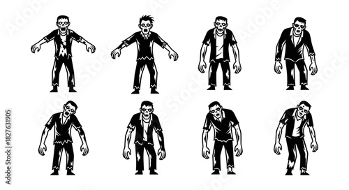 Set of eight zombie characters in various poses and expressions.