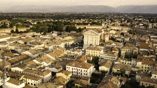 Drone flying above the walled city of cittadella in italy