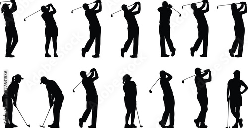 Collection of silhouette icons showing male and female golfer swing sequence