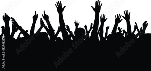 Silhouette of crowd with raised hands cheering in celebration or protest