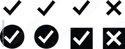 Set of black and white check mark and cross icons in various simple shapes