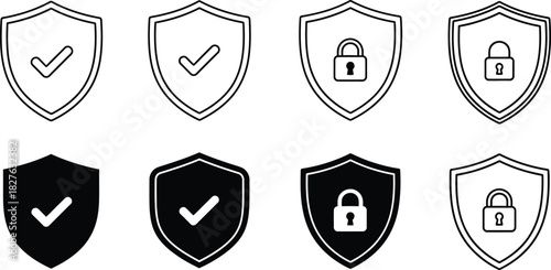 Set of security shield icons with checkmarks and padlocks