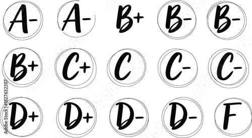 Collection of academic letter grade stamps from a to f
