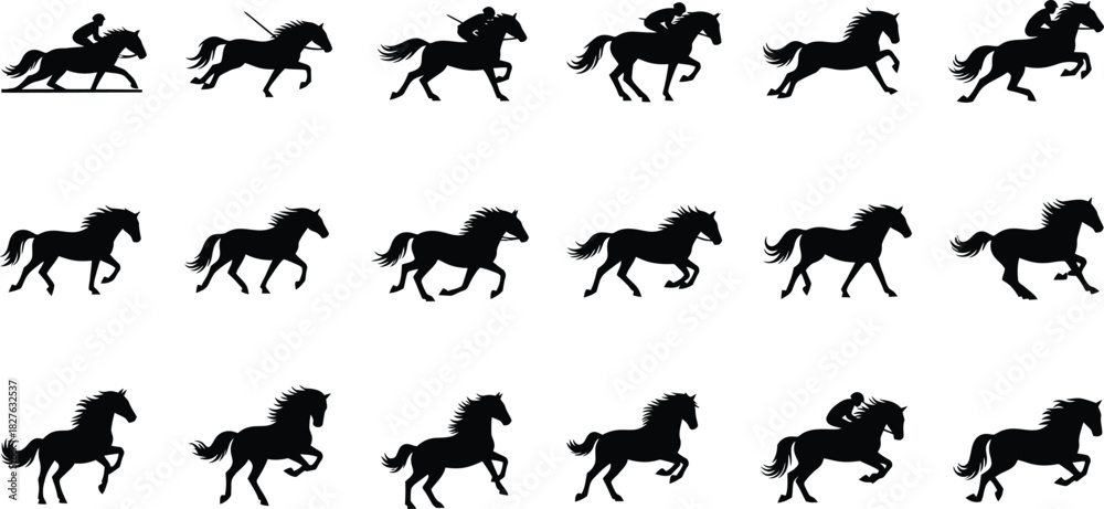 Obraz premium Collection of black silhouette icons showing horse gait cycle and jockey riding