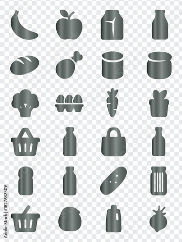 Grocery Food Items and Shopping Icons Set, Featuring Fruits, Vegetables, Cans, Jars, Baskets, Bread, and Meats