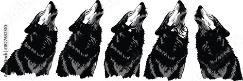 Group of howling wolves in a row black and white illustration