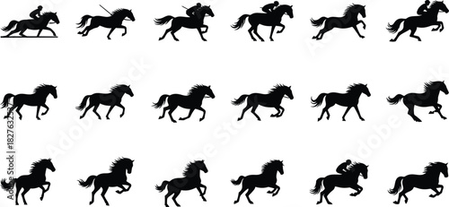 Collection of black silhouette icons showing horse gait cycle and jockey riding