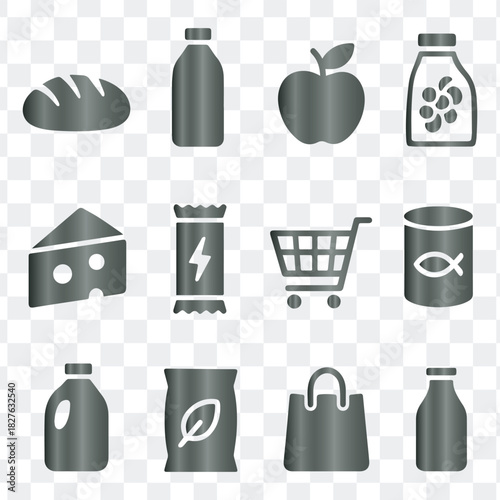 Grocery Food Items and Shopping Icons Set, Featuring Fruits, Vegetables, Cans, Jars, Baskets, Bread, and Meats