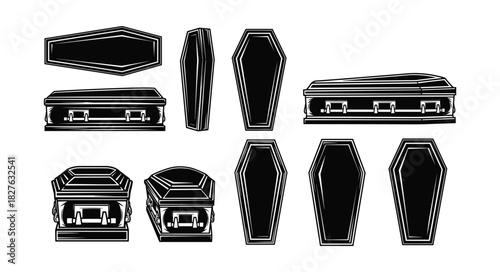 Collection of various black coffins and caskets in different sty