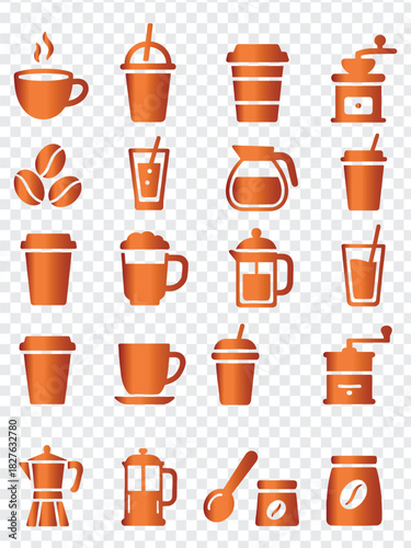 Coffee and Cafe Gradient Icons Set, Featuring Cups, Beans, Grinders, Pots, Spoons, and Canisters