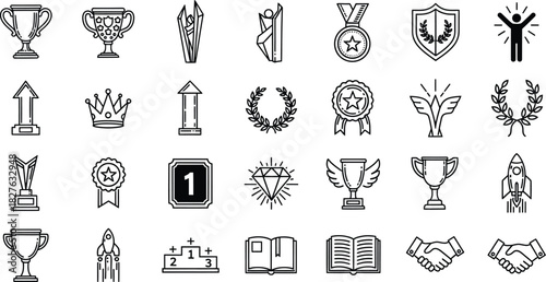 Collection of black and white line art icons representing award, achievement, success, victory, and competition