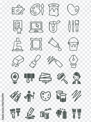 A Comprehensive Set of Minimalist Vector Outline and Silhouette Icons Featuring Art Supplies, Tools, Creativity, and Painting Activities for Design Projects