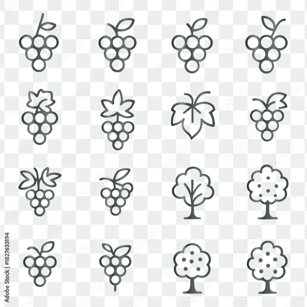 Naklejka premium Outline vector icons for fruits, vineyards, trees, and organic farming concepts