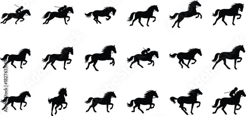 Collection of black silhouette icons showing various horse gaits and a jockey riding a horse