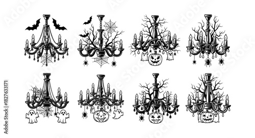 Set of Spooky Halloween Chandeliers with Bats and Ghosts.