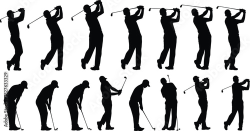 Silhouette sequence illustrating the full golf swing motion from address to follow through