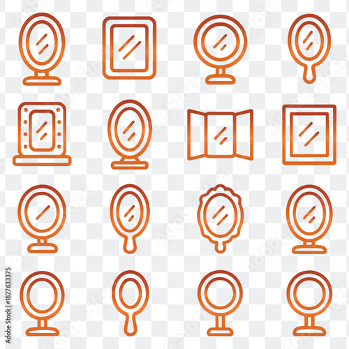 Mirror and Vanity Gradient Icons Set, Featuring Hand Mirrors, Oval, Square, Standing, and Triptych Designs